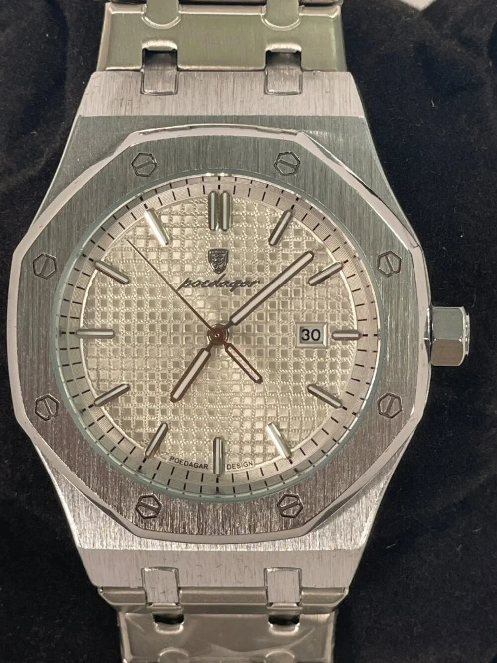 POEDAGAR Men's Quartz 924B Chronograph Watch Stainless Steel Silver Men's NEW